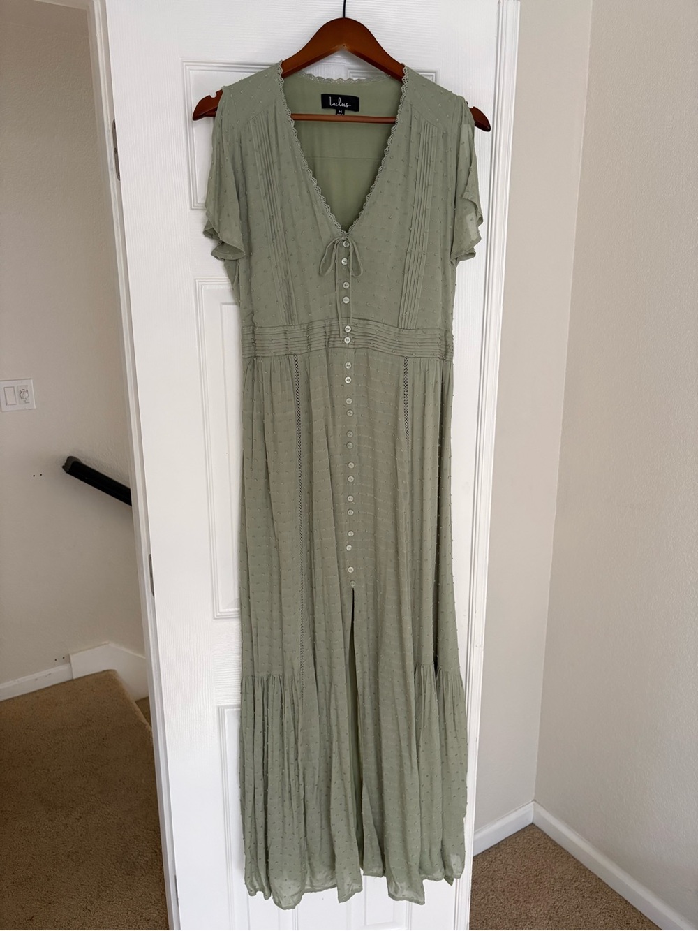 Lulu's Light Sage Green V-Neck Button Maxi Dress